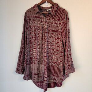Caffe Marrakesh Womens Sz L Button Down Shirt Blouse Maroon Long Tab Slv Pocket